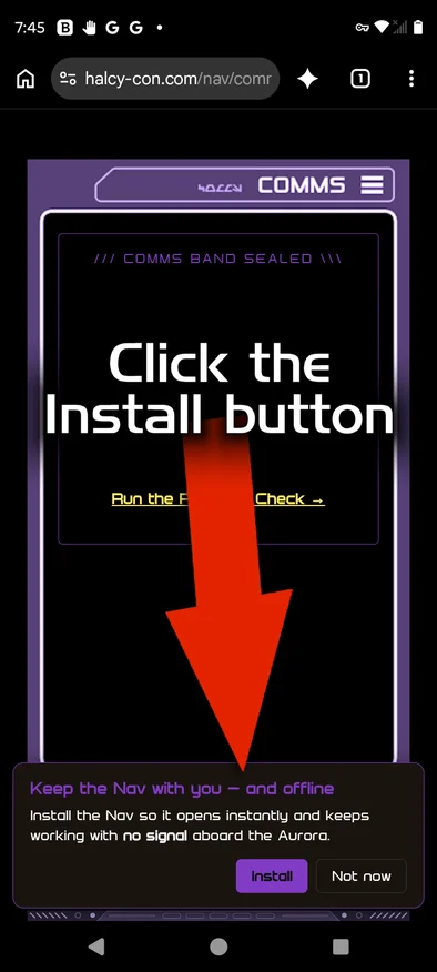 The Nav on Android with the install banner at the bottom, Install button highlighted