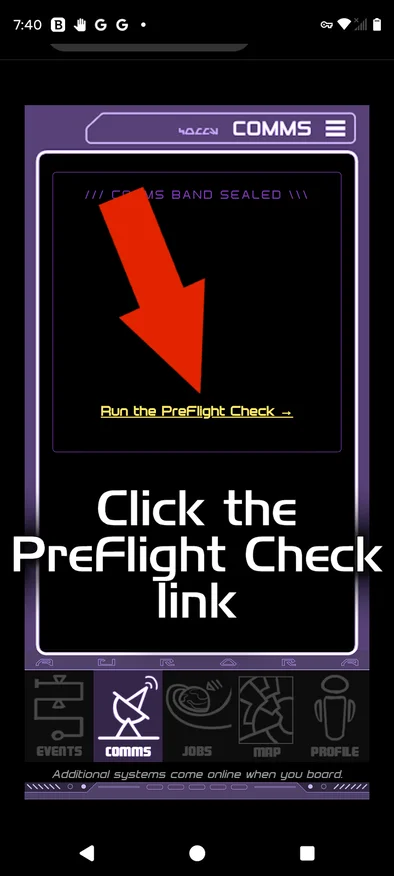 The sealed Comms page opened from the icon, with the Run the PreFlight Check link