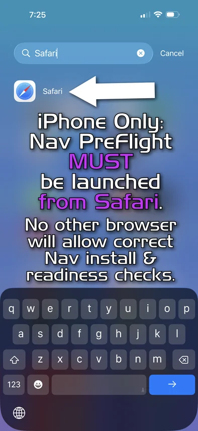 An iPhone Home Screen search with Safari typed, showing the Safari icon directly under the search bar