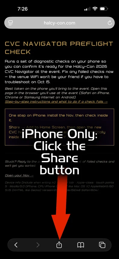Safari on iPhone with the Share button at the bottom of the screen