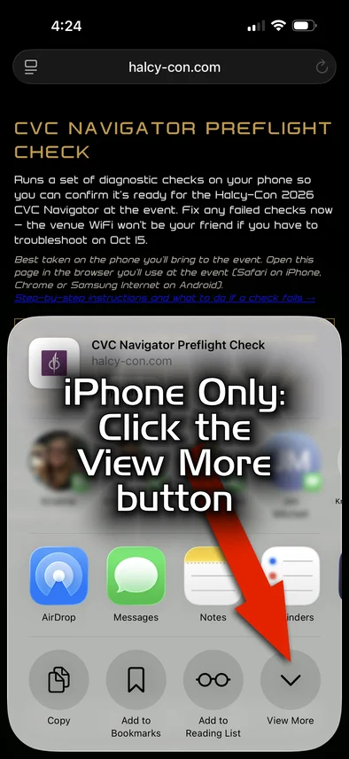 The iPhone share sheet with the View More button that reveals more options