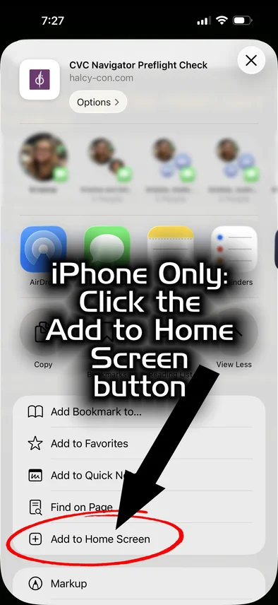 The expanded iPhone share options showing Add to Home Screen