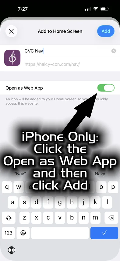 The iPhone confirmation sheet showing the CVC Nav icon and name, with Add in the corner