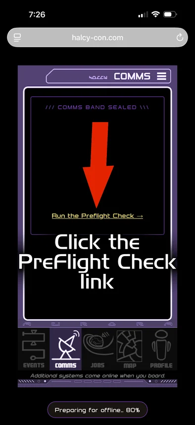 The Nav Comms page showing the COMMS BAND SEALED panel with the Run the PreFlight Check link