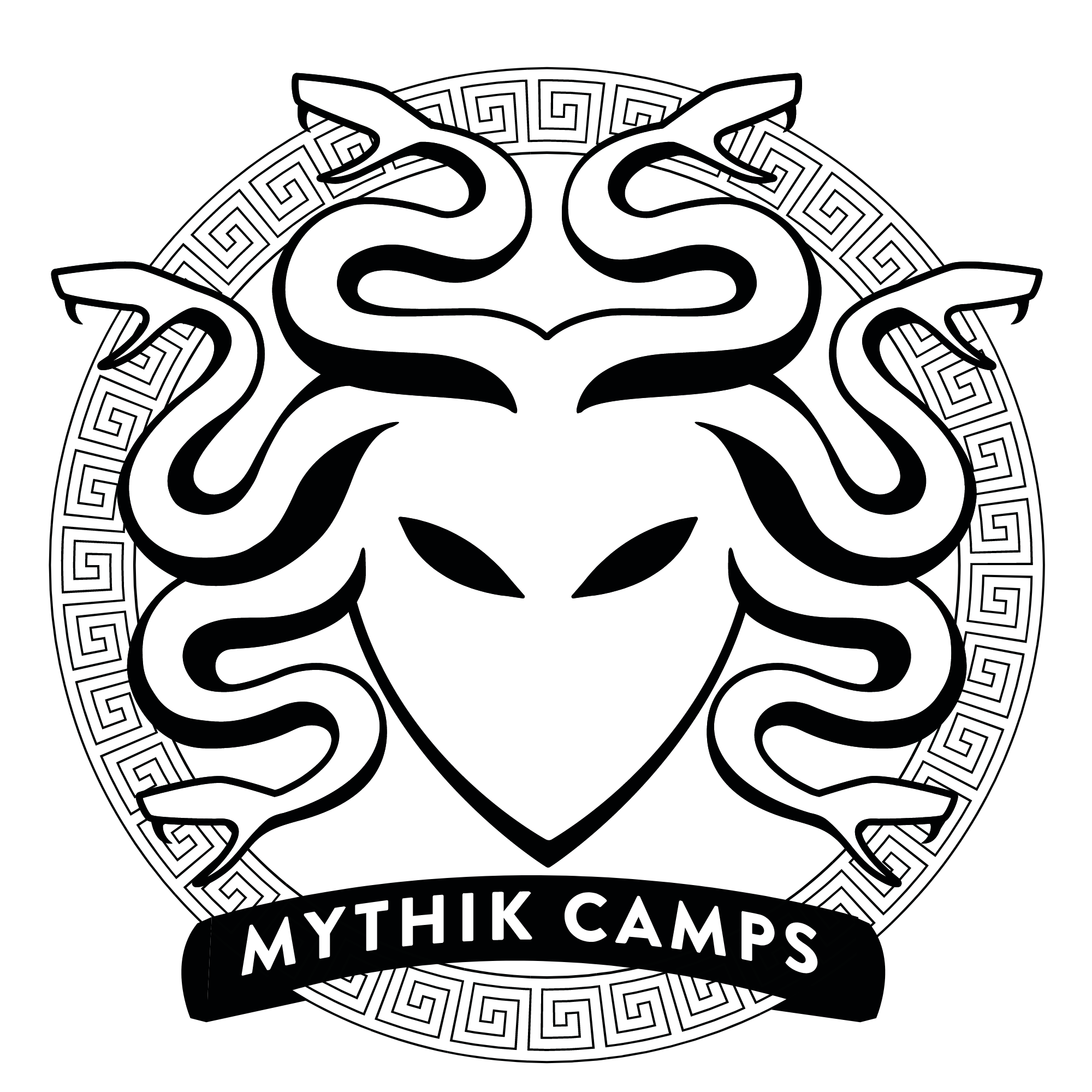 Mythik Camps logo: A Medusa head with six snakes above a circle with an ancient motif