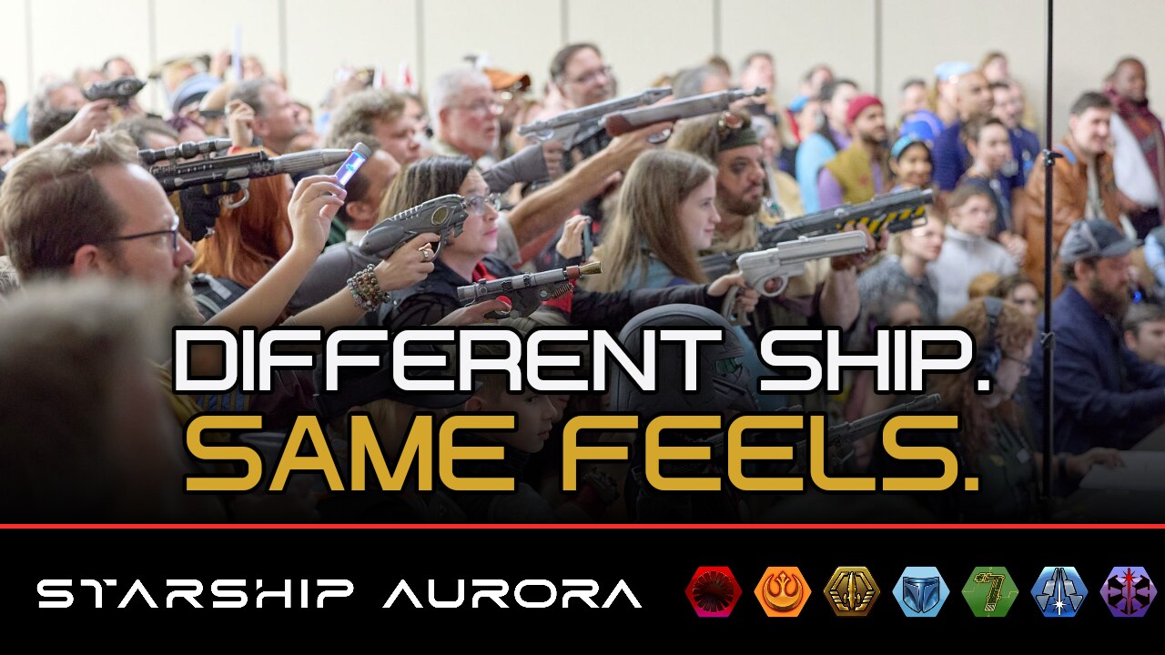 Different ship. Same feels. Starship Aurora, with the seven faction icons, over a crowd of passengers at the Main Finale.